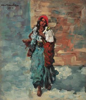 Octav Bancila : Gypsy woman with red headscarf